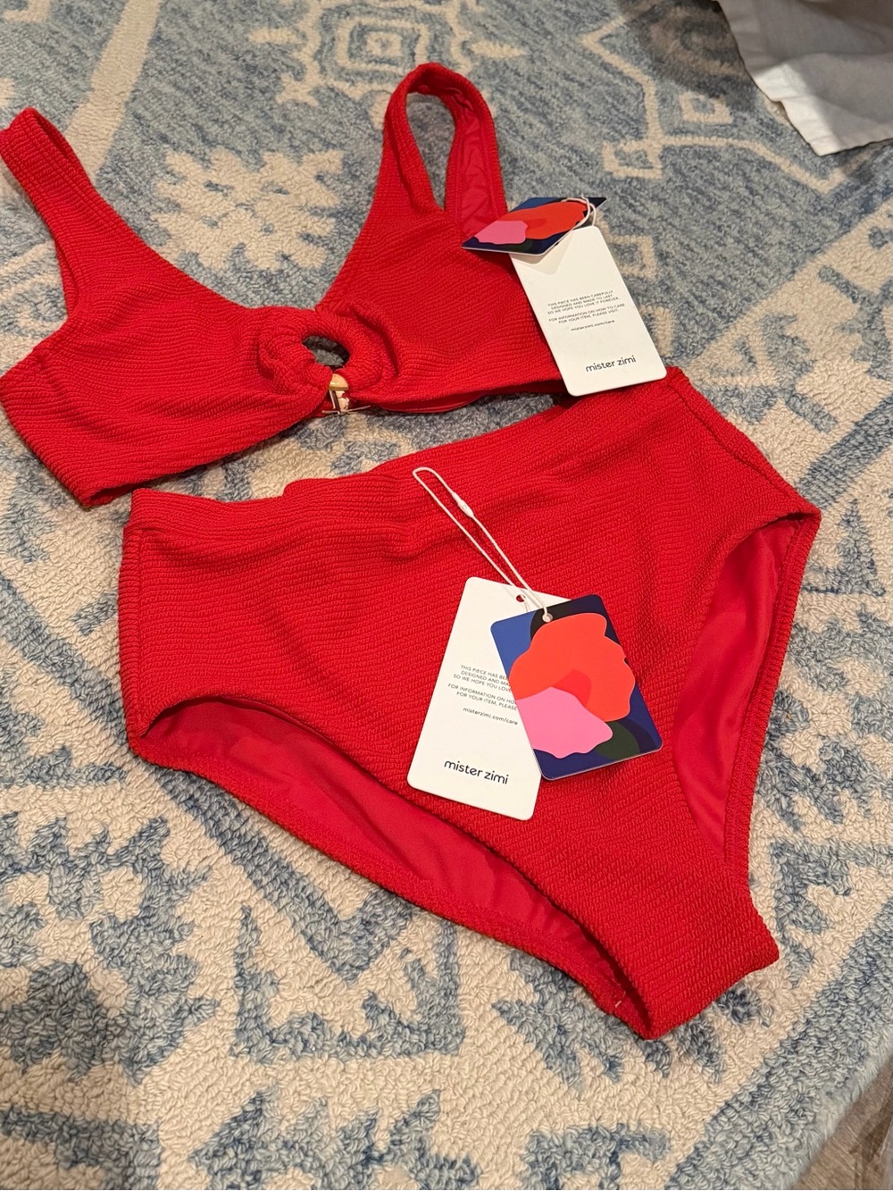 Mister Zimi Bright Red Textured Bikini Set with Ring Detail